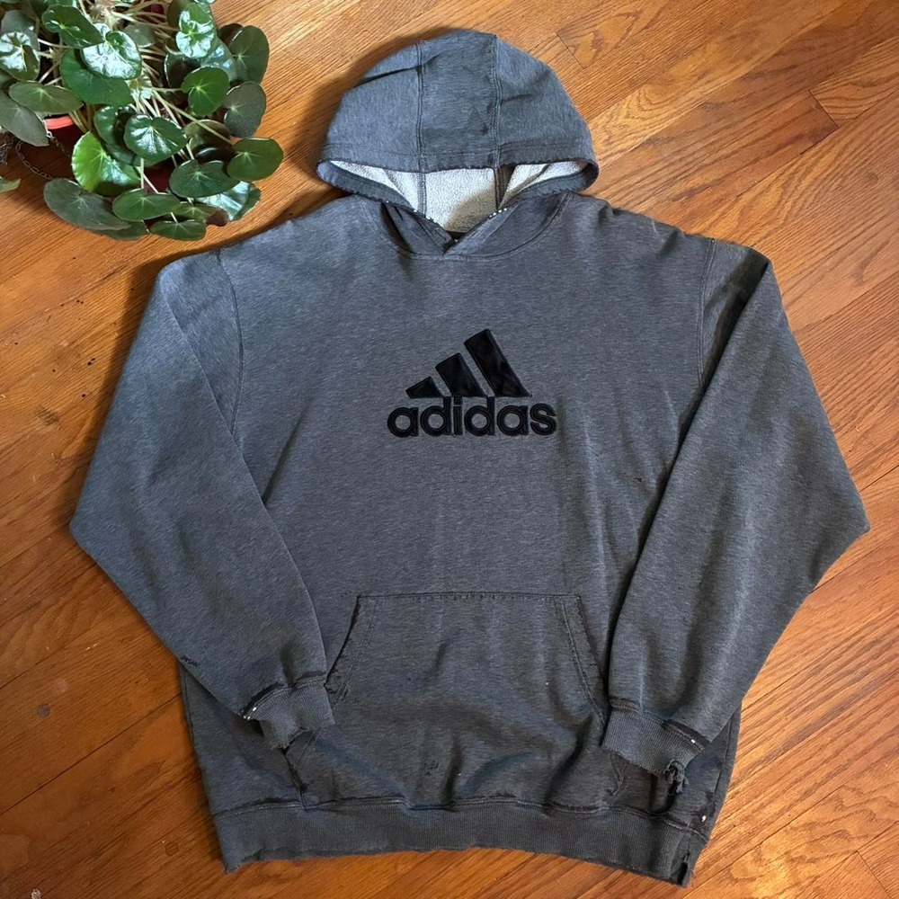 Adidas Hoodie Mens Large Grey Y2K Faded Distressed Embroidered Logo Sweatshirt